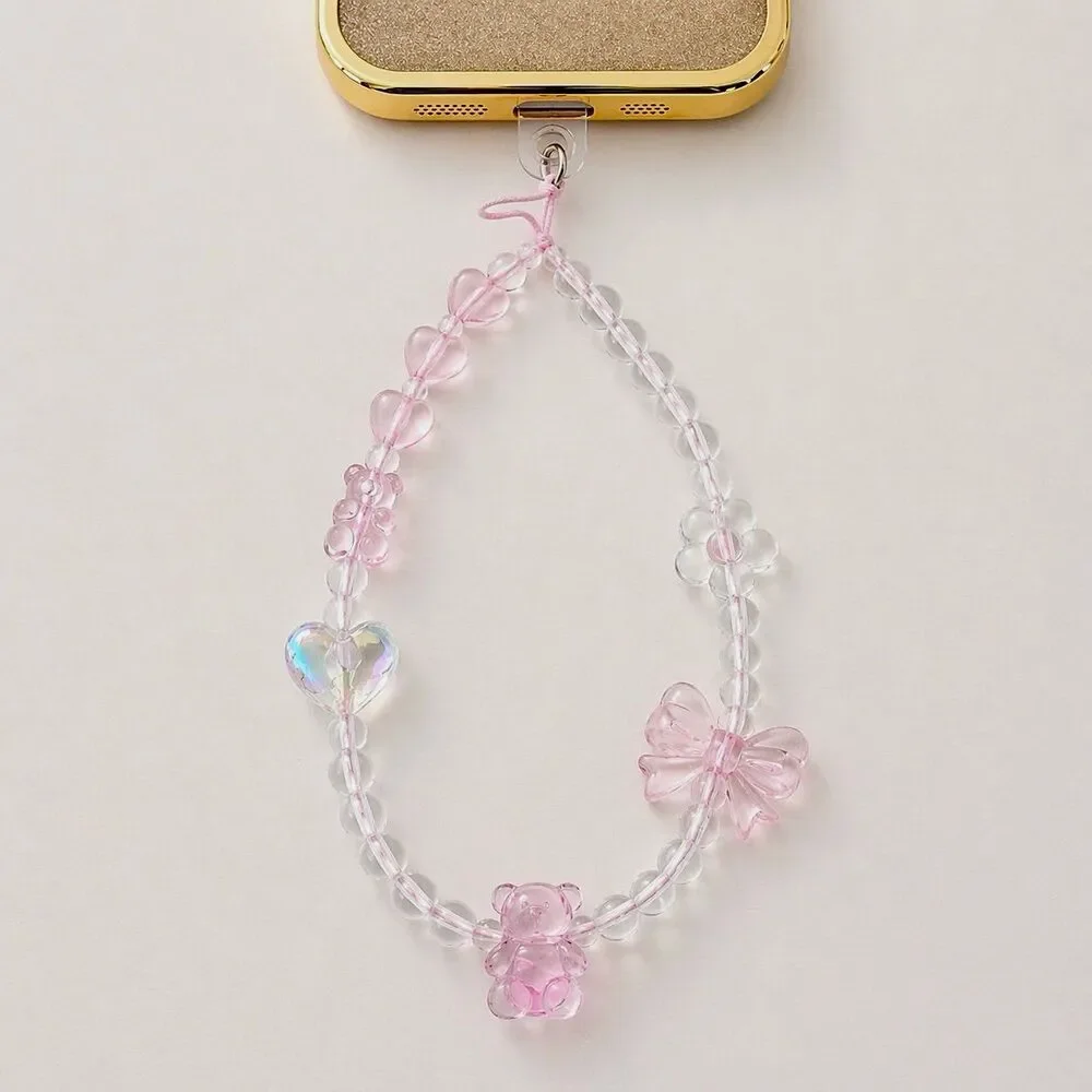 Beaded hand-held lanyard chain, phone wrist strap pink bear butterfly wristlet